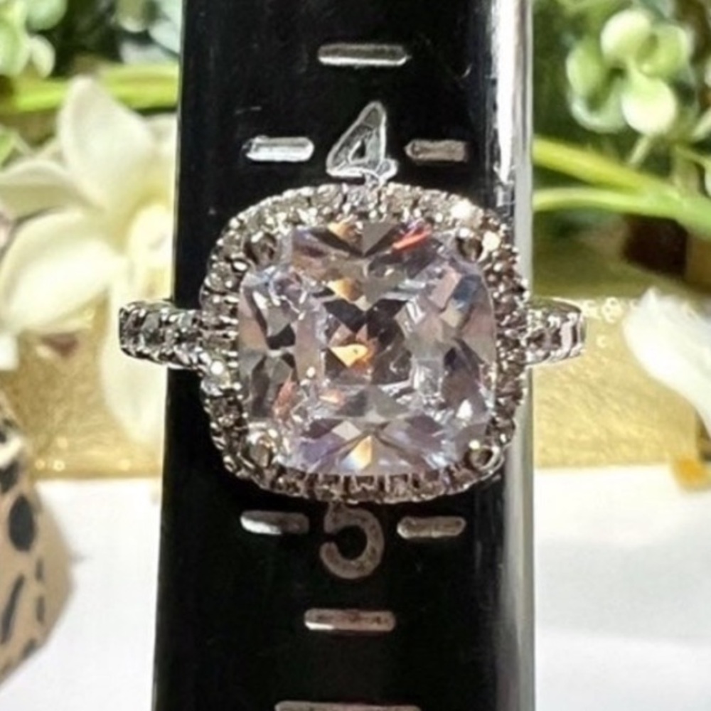 Huge Cushion Cut Diamond Ring with Halo Size 4.5 14K Gold /Sterling Silver 925